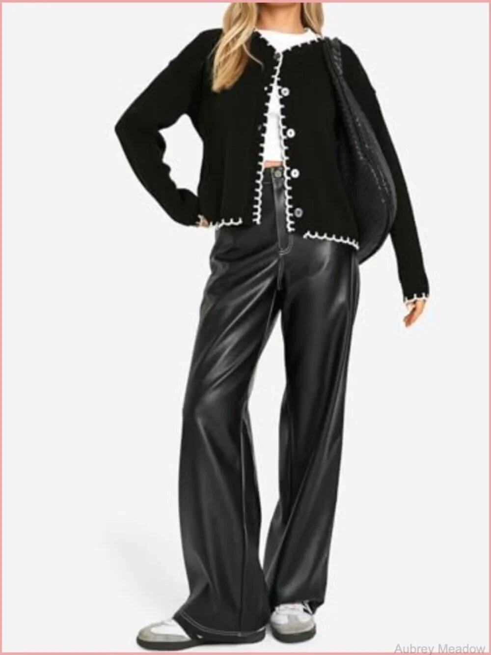 Women Long Sleeve Cardigan Button Down Knit Jacket Open Front Cropped Contrast